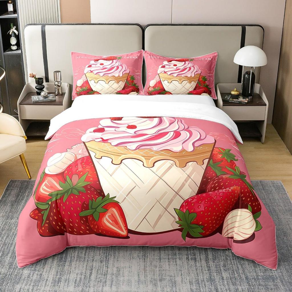 Cartoon Food Duvet Cover Set Melting Ice Cream Cones Decorative Bedding Set with Pillowcase Kids Women Holiday Gift Duvet Cover