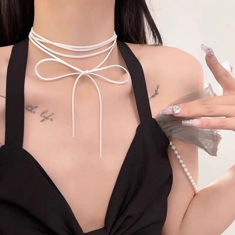 Elegant Long Tie Choker Necklace Stylish Neck Chain with Bowknot Pendant Accessory for Fashionable Women Ladies