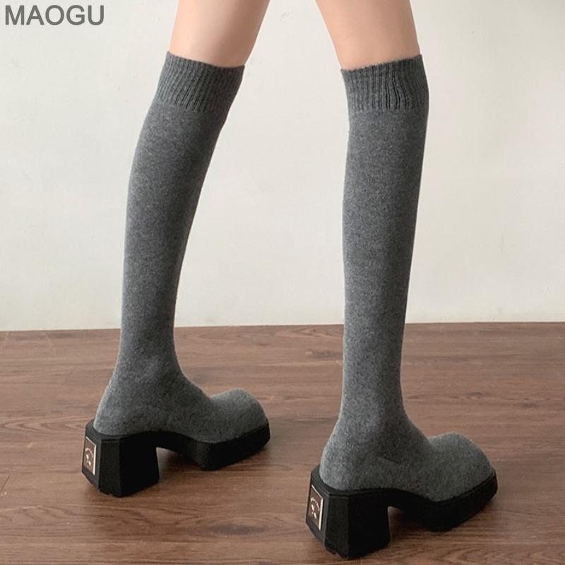 Women's Fashion Knee High Sock Boots Spring Autumn Chunky Block Heel Platform Stretch Boots Elegant Retro Style Botas Mujer