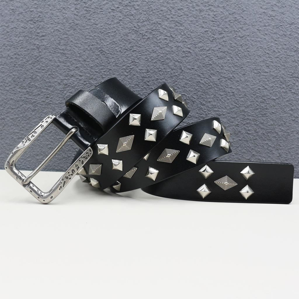 New Genuine Leather Square Nailed Individual Diamond Rivet Cowhide Belt Western American Rivet Belt