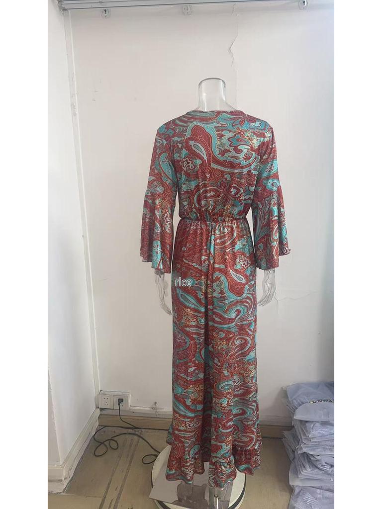 Bohemian Bell Sleeve V-neck Floral Vacation Maxi Dress