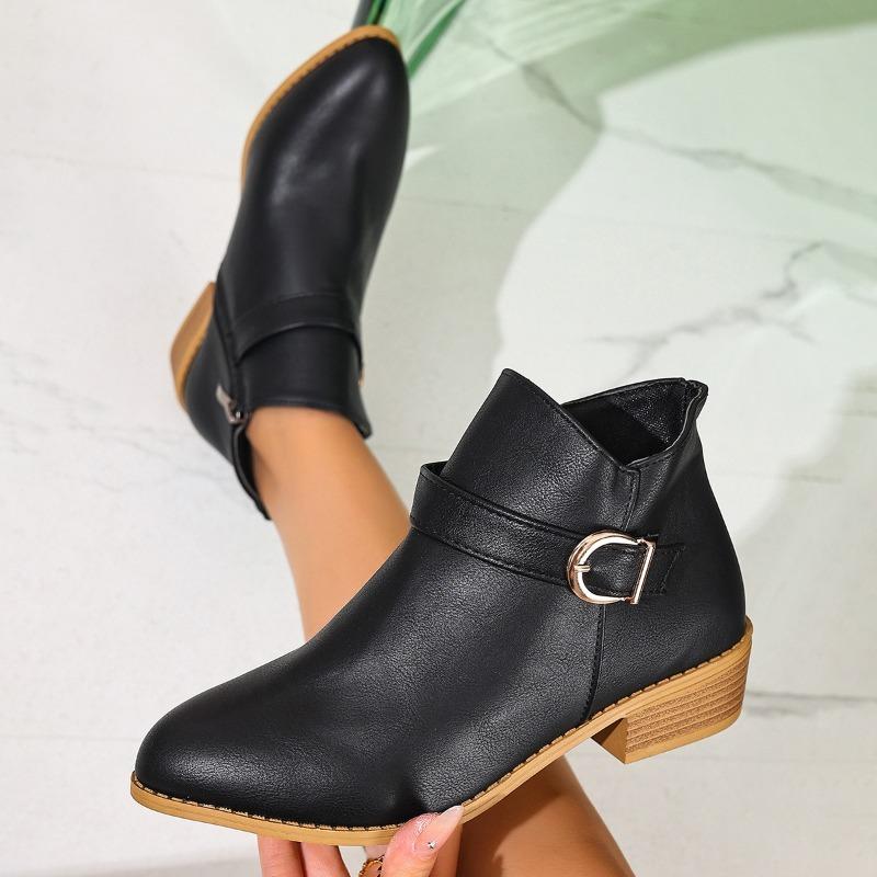 Women's Autumn-Winter Pointed-Toe Chunky-Heel Side-Zip Short Boots, Fashionable Comfortable Footwear, Available In Large Sizes.