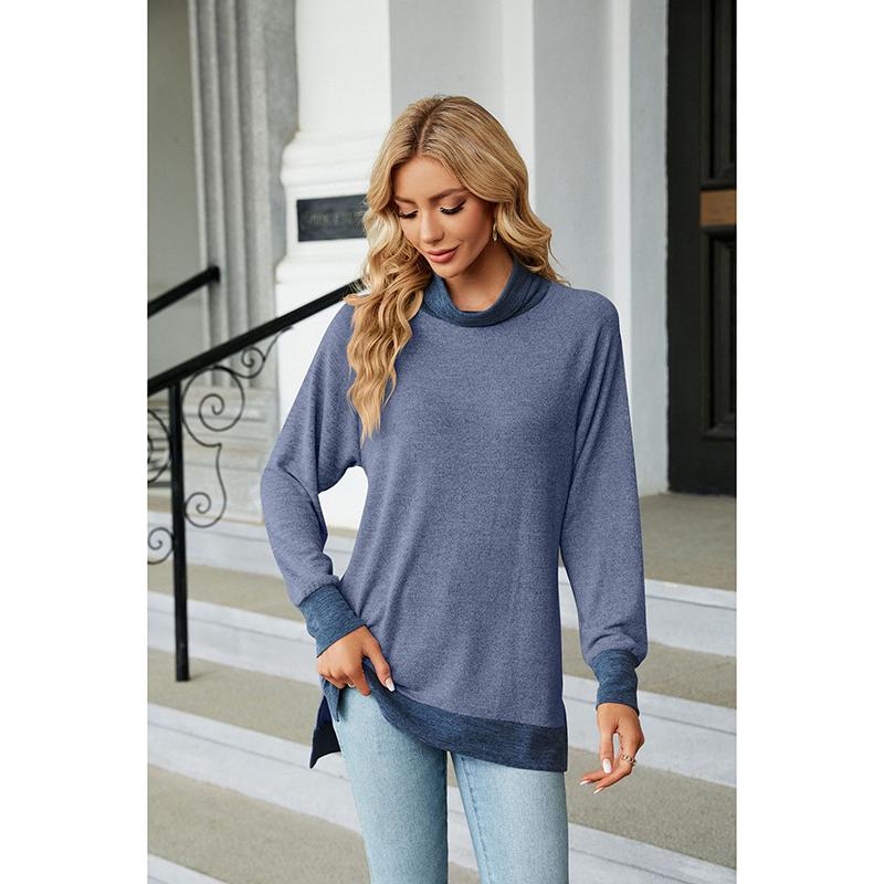 Topuri sexy la modă pentru femei, cu gât rotund, cu mâneci lungi, bluză largi, tricou cu fantă de culoare contrastantă