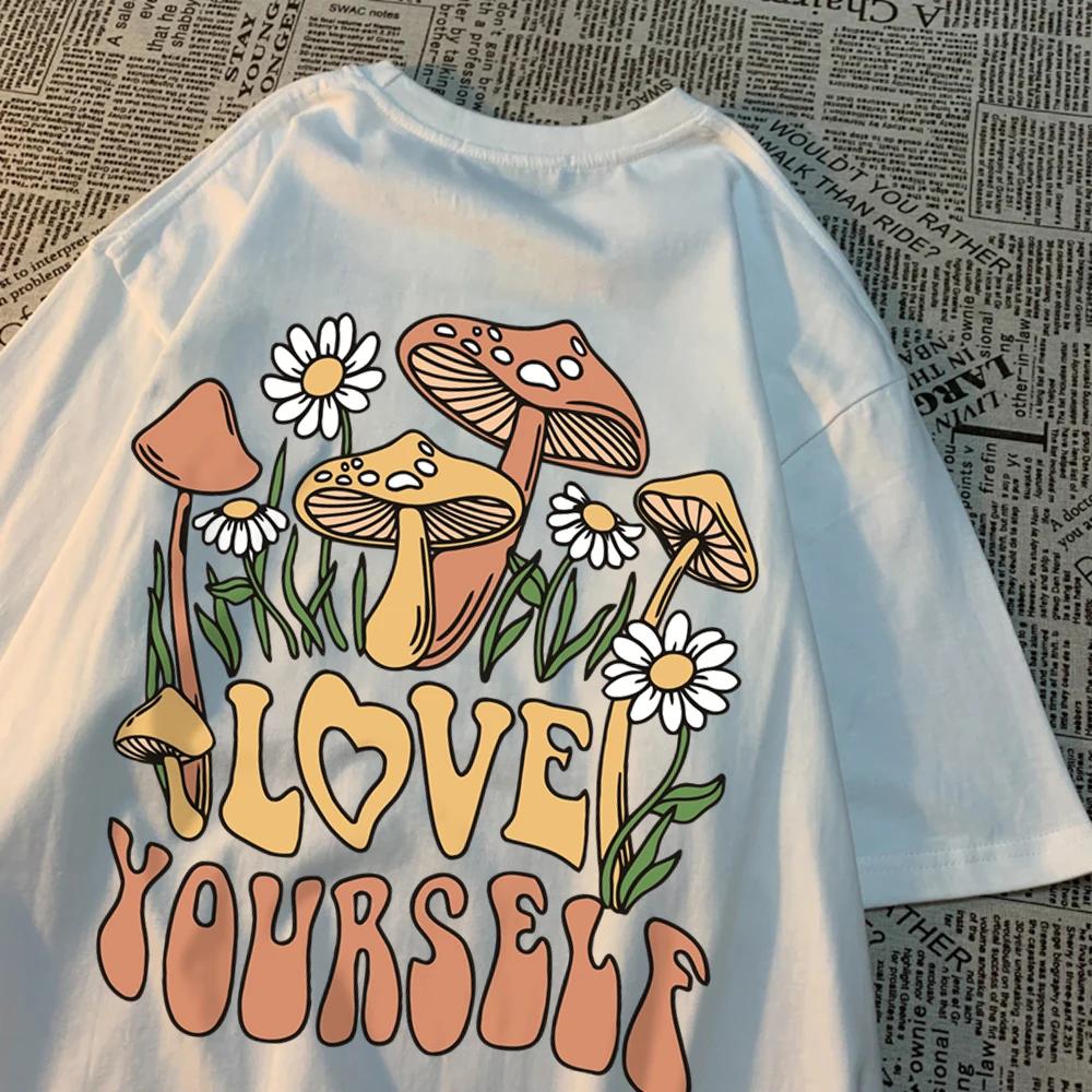 Cottagecore Style Mushroom Love Yourself Mens Tshirt Oversized T-Shirts Oversized Cotton T Shirts Breathable Women Short Sleeve