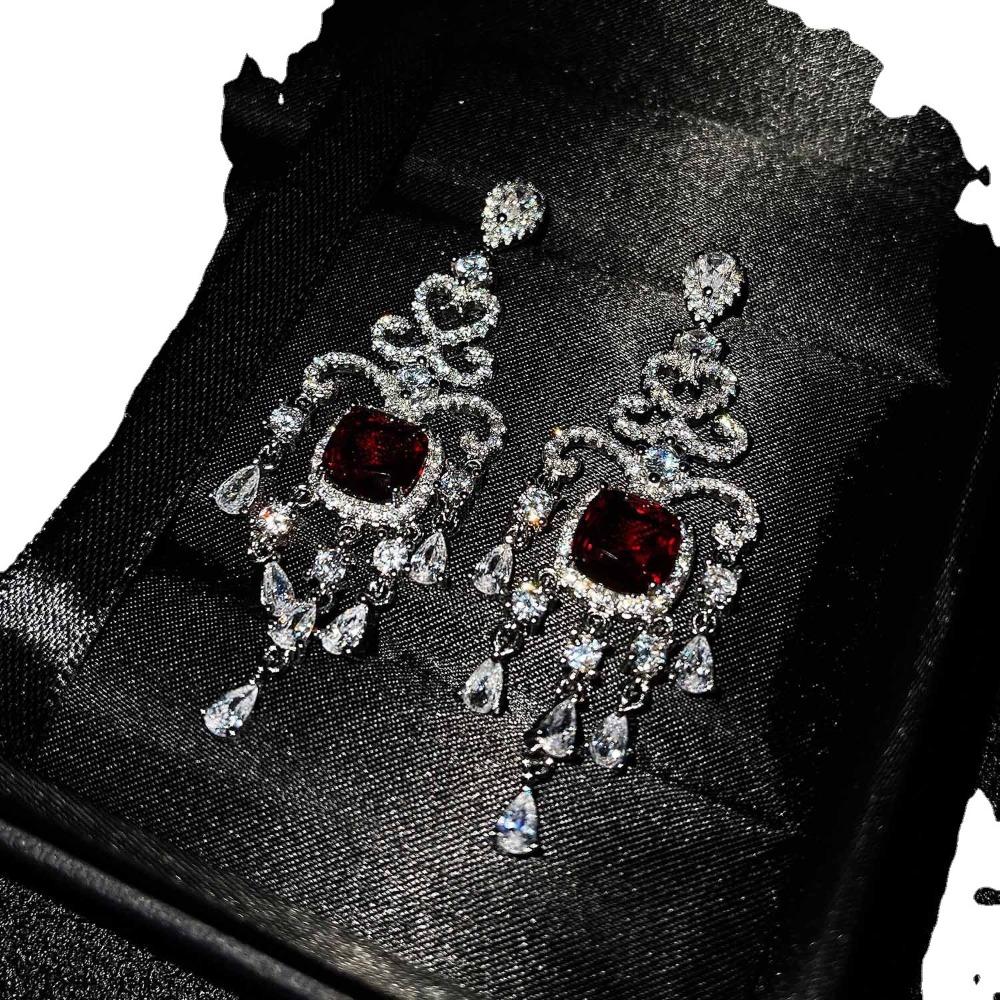 Luxury Bohemian Full Diamond Earrings Vintage Fringe Ruby Drop Earrings for Wedding Party Evening