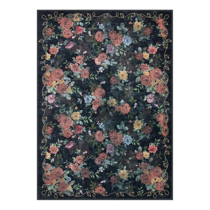 Romantic Classic Floral Rose Garden Black Area Carpet with Rug Inspired Grace and Sophisticated Flower Design for Home Décor