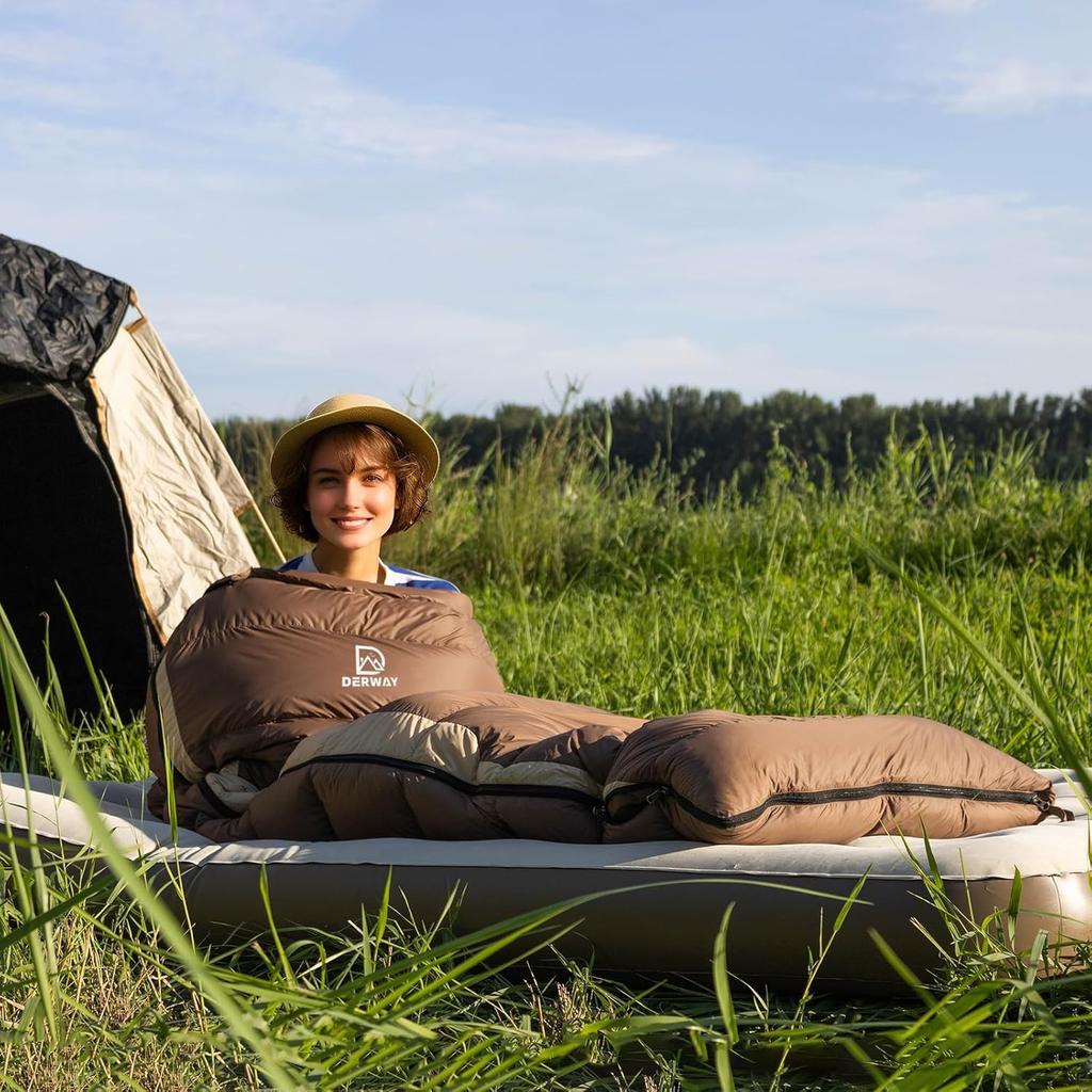 Derway Down Sleeping Bag with Pillow Compact 680FP Lighter and Suitable for Emergency Outdoor and Car and Winter 800g Down (22080cm) Envelope-Style,