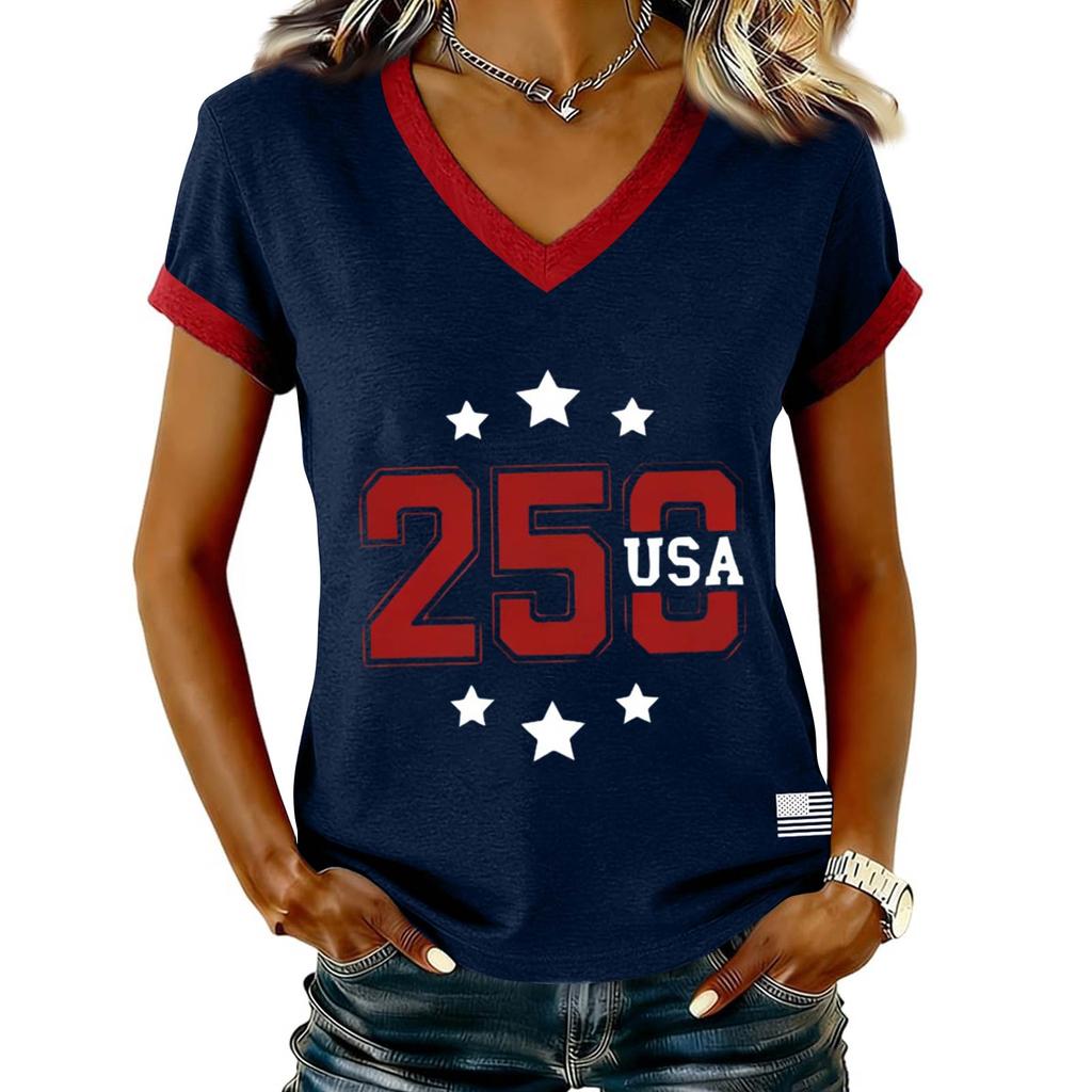 Women's Casual V Neck Short Sleeve Pullover Printed T-Shirt Top