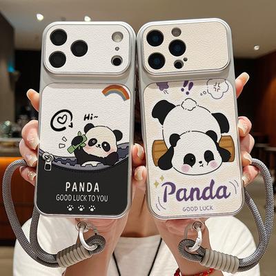 Cute Cartoon Panda Leather Lanyard Case For iPhone 18 Pro Max 17 16 15 14 13 Pro Max Luxury Hybrid TPU+PU Anti-skid Soft Phone Cover
