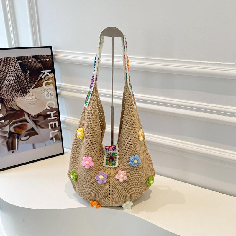 

Flower cotton thread woven bag women s 2025 new summer large-capacity shoulder bag relaxation vacation beach bag хаки