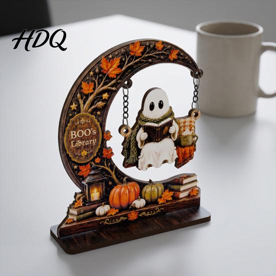Crescent Moon Ghost Ornament Swinging On Halloween Decoration Spooky Reading Ghost/Skeleton Wooden Bookshelf Unique Table Centerpiece for Home Nook,