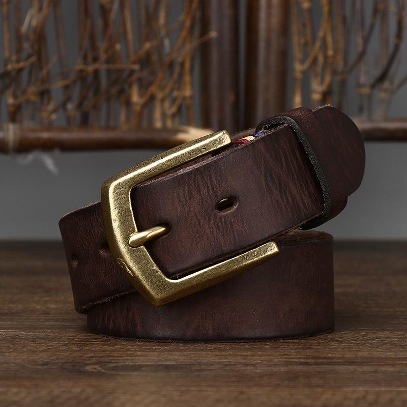 Belt Men's Thick Retro Vegetable Tanned Cow Leather Brass Buckle Belt Men's Casual Rough Fashion
