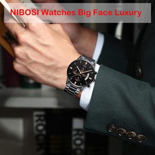 NIBOSI Men's Business Watch, Black, Big Face, Chronograph, Analog, Stylish, Casual, Metal Band, Stainless Steel, Date Display, Fluorescent, Luxury, Fa