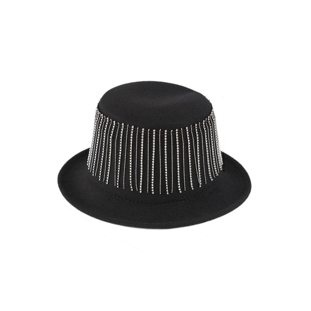 Retro felt top hat, chain fringed diamond decoration, niche design sense exquisite and fashionable autumn and winter shape