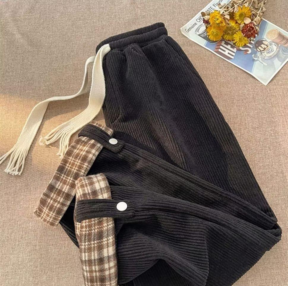 

Вельветовые плиссированные клетчатые повседневные прямые брюки широкого кроя M чёрный