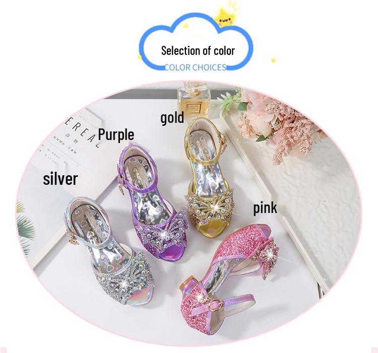 2025 New Summer Girls' Princess Sandals - Soft Sole Butterfly Crystal High Heels for Kids