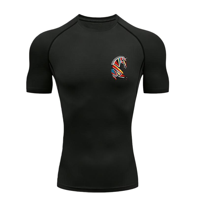 Pferdekopf Muster Herren Sport T-Shirt Training Fitnessstudio Joggen Laufen Workout Kompressions Kurzarm T-Shirt