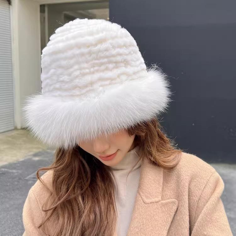 Rex Rabbit Fur Fisherman's Hat Children Autumn and Winter Warm Temperament Versatile Fox Hair Ear Protector Basin Hat Tide Shows Small Face