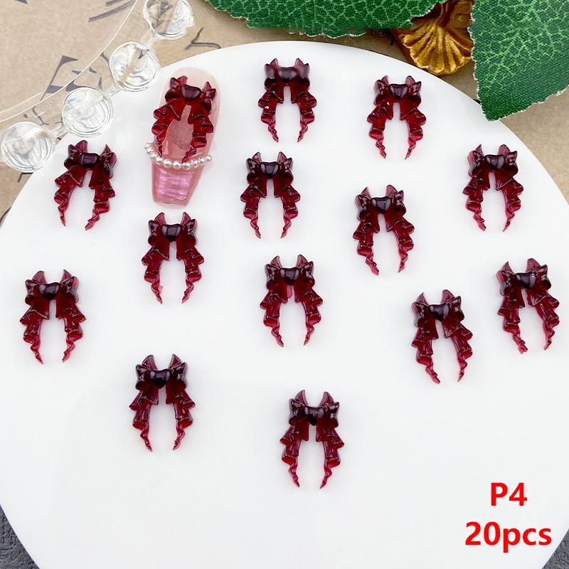 20Pcs Wine Red Resin Bow Nail Charm Bulk Mix Size 3D Ribbon Bowkont Mini Kawaii Nail Art Accessories Diy Cute Nails Decorations