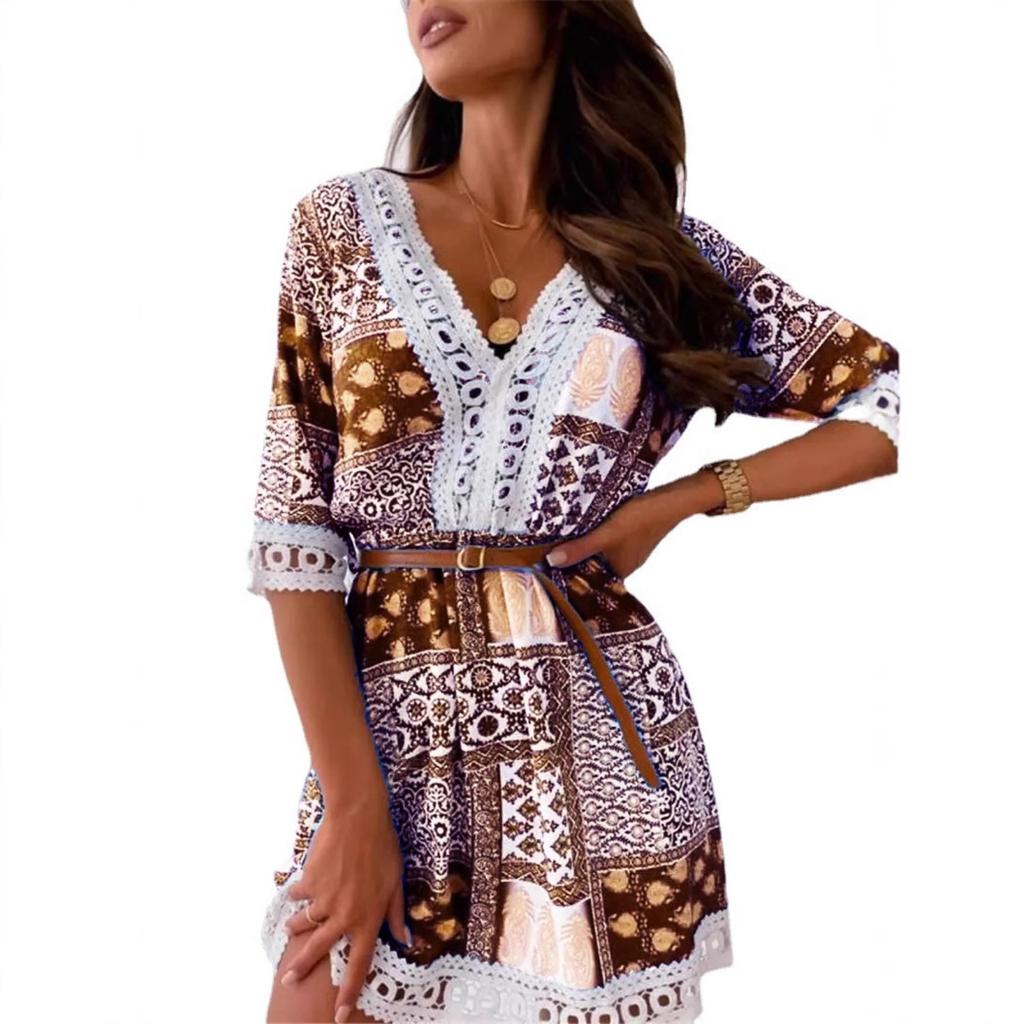 2026 Nuova Tendenza Moda Donna Abito Stampato Scollo a V con Cintura in Pizzo