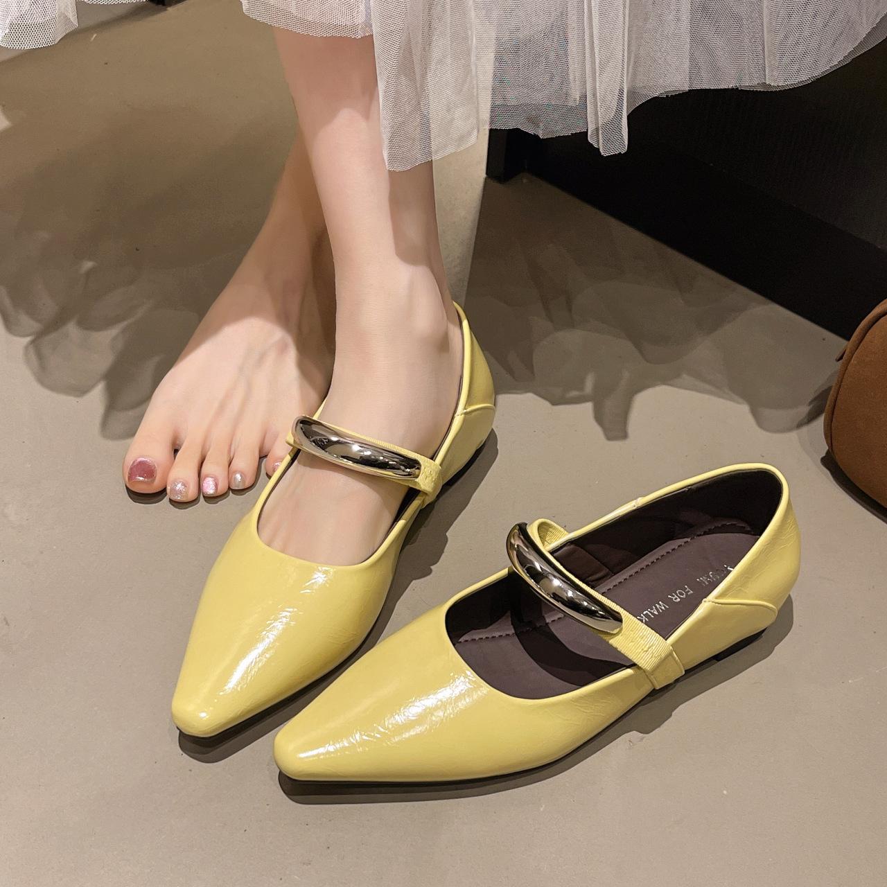 

2025 весна новый внутренний рост увеличение французские туфли Мэри Джейн женская верхняя одежда тонкие металлические пряжки неглубокий носок заостренный одинарный туфли 40 жёлтый