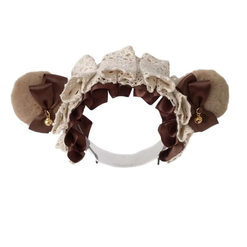 Japanese Style Lolita Bear Ear Headband, Coffee Lace Bow Hair Accessory