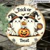 2D Flat, 1pc Round Aluminum Hanging Sign, Rustic Wood Grain Trick Or Treat Cute Ghost Witch Hat Pumpkin Bat Cobweb Print, for Indoor/Outdoor Home