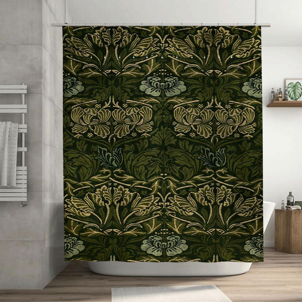 Luxurious Green Damask Shower Curtain Elegant Home Decor For Bathroom Polyester Fabric With Hooks (Size: 72X84)