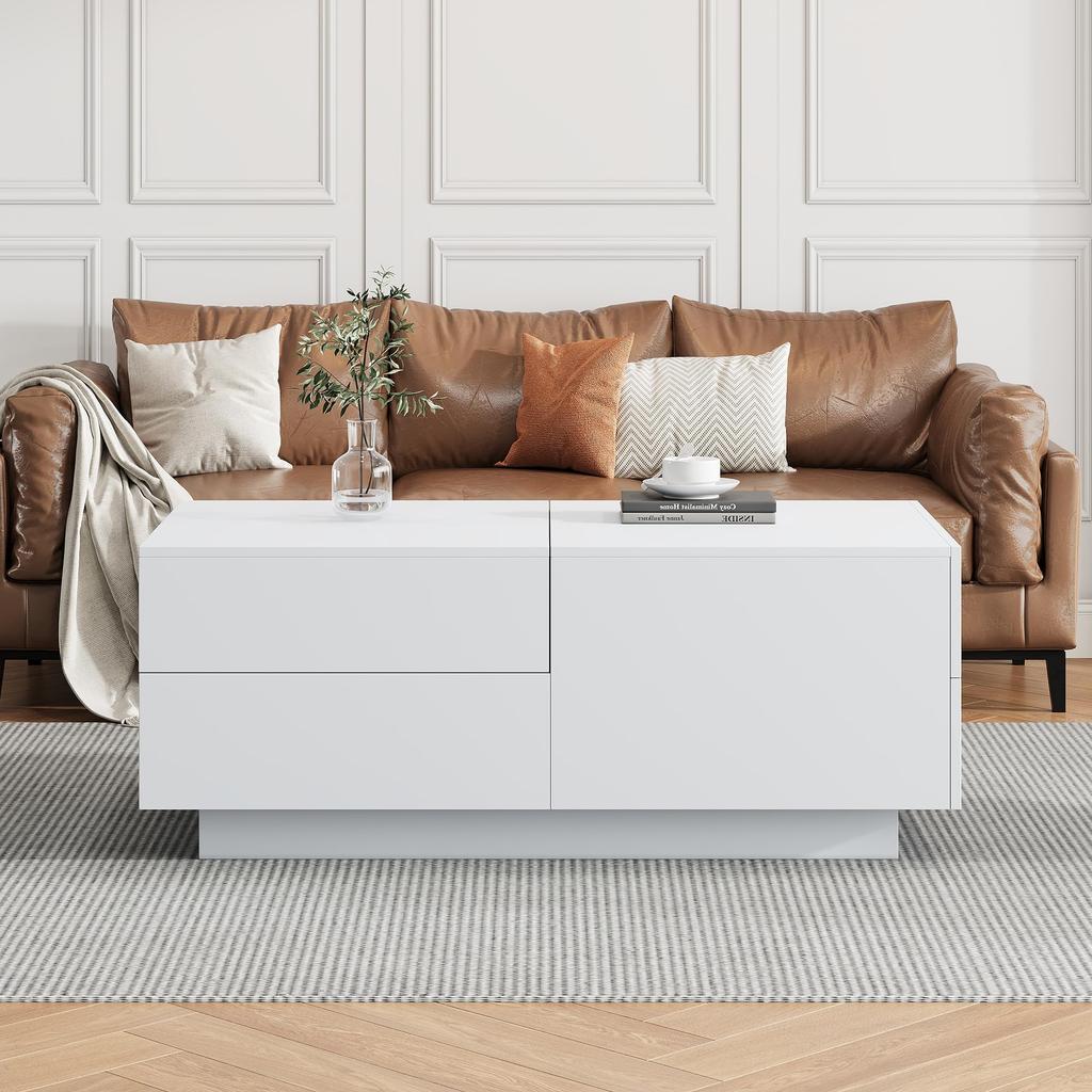 Coffee Table, Modern Extendable, Creative Sofa Table Coffee Table 4 Drawers Hidden Storage Compartment, Center Table Living Room Office, White