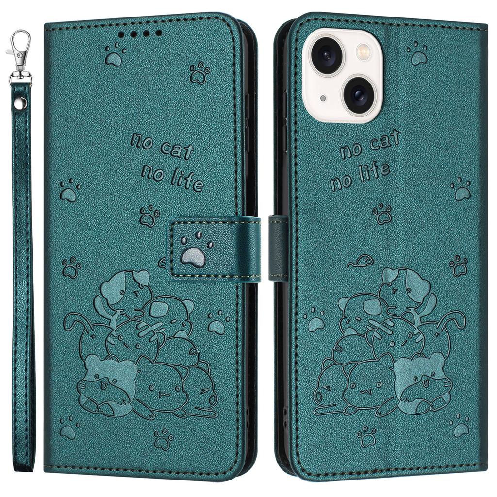 For iPhone 15 Case with Strap Cats Imprint Leather Wallet Phone Cover