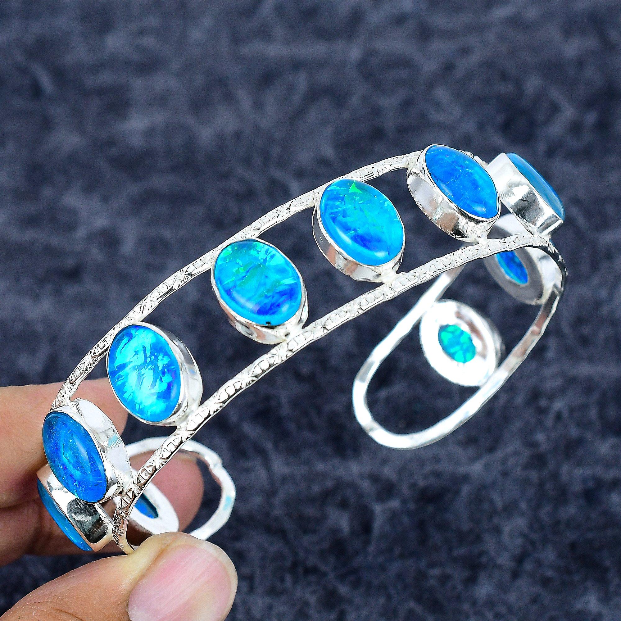 

Blue Triplet Opal Gemstone 925 Sterling Silver Cuff Bangle Adjustable M-3327