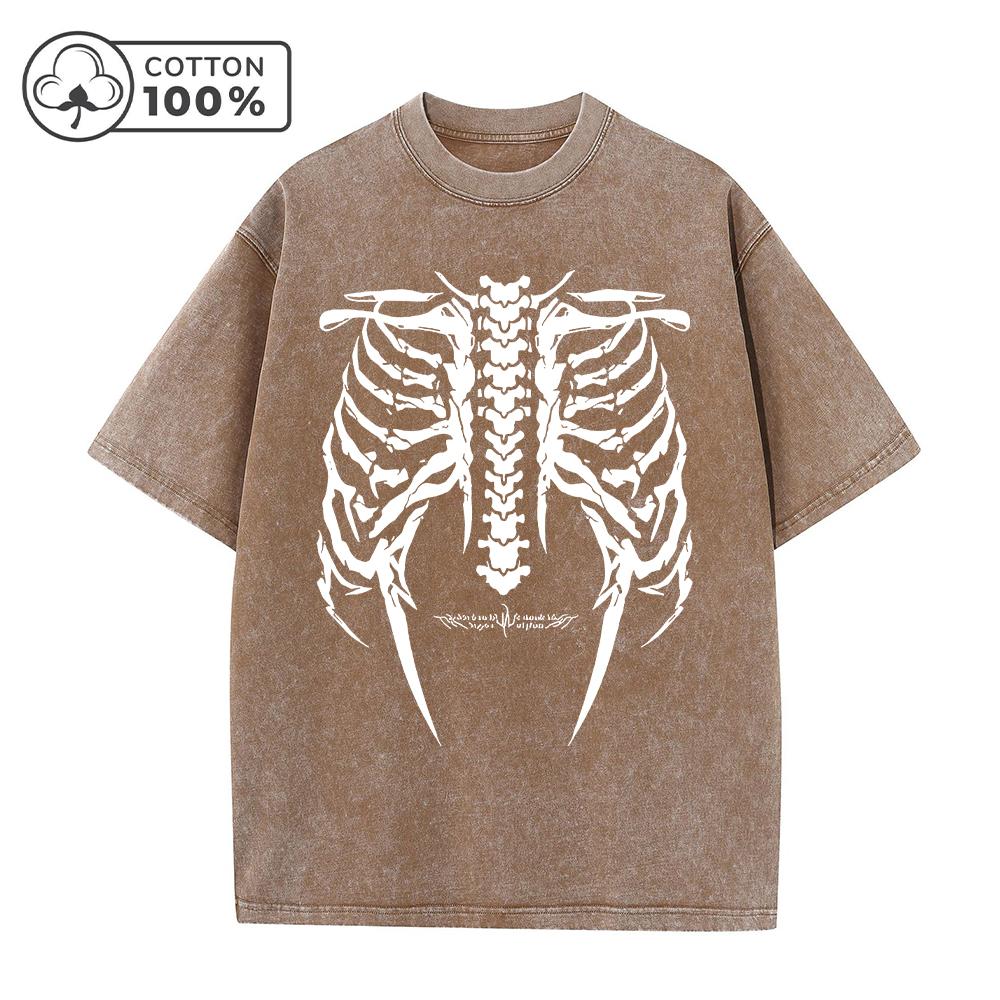 Herren Retro Dunkler Stil Totenkopfprint Gewaschenes T-Shirt Trendige Mode Lässig Reine Baumwolle Kurzarm Outdoor Fitness Pendler Oberteil
