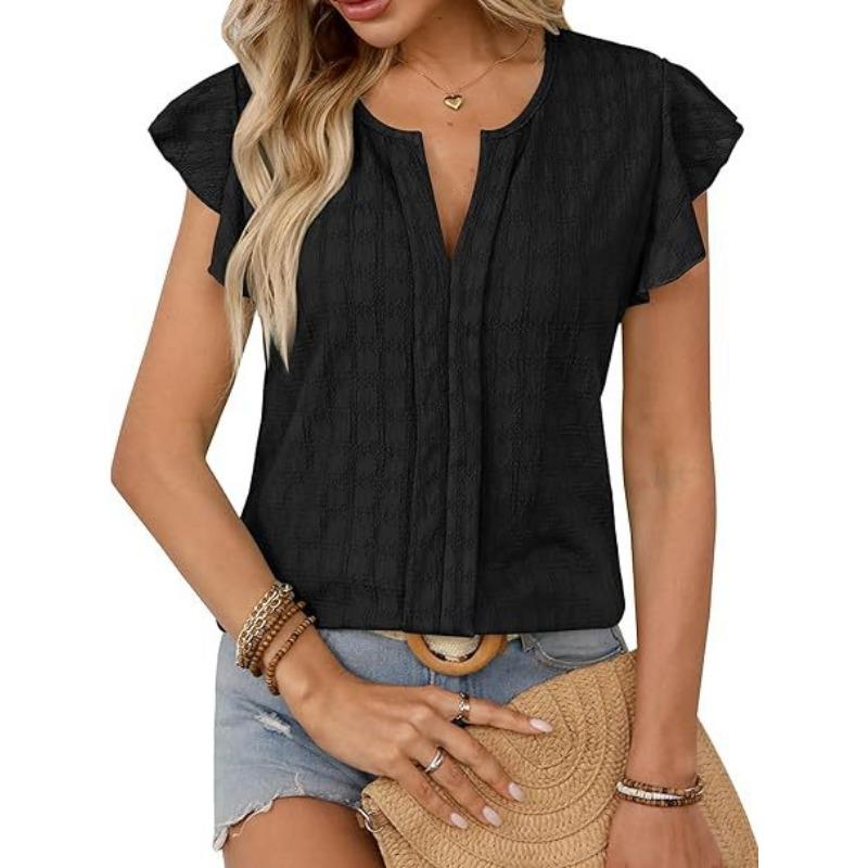 Summer Jacquard Checkered V-neck Top with Ruffle Sleeves Loose Short Sleeved Women's T-shirts