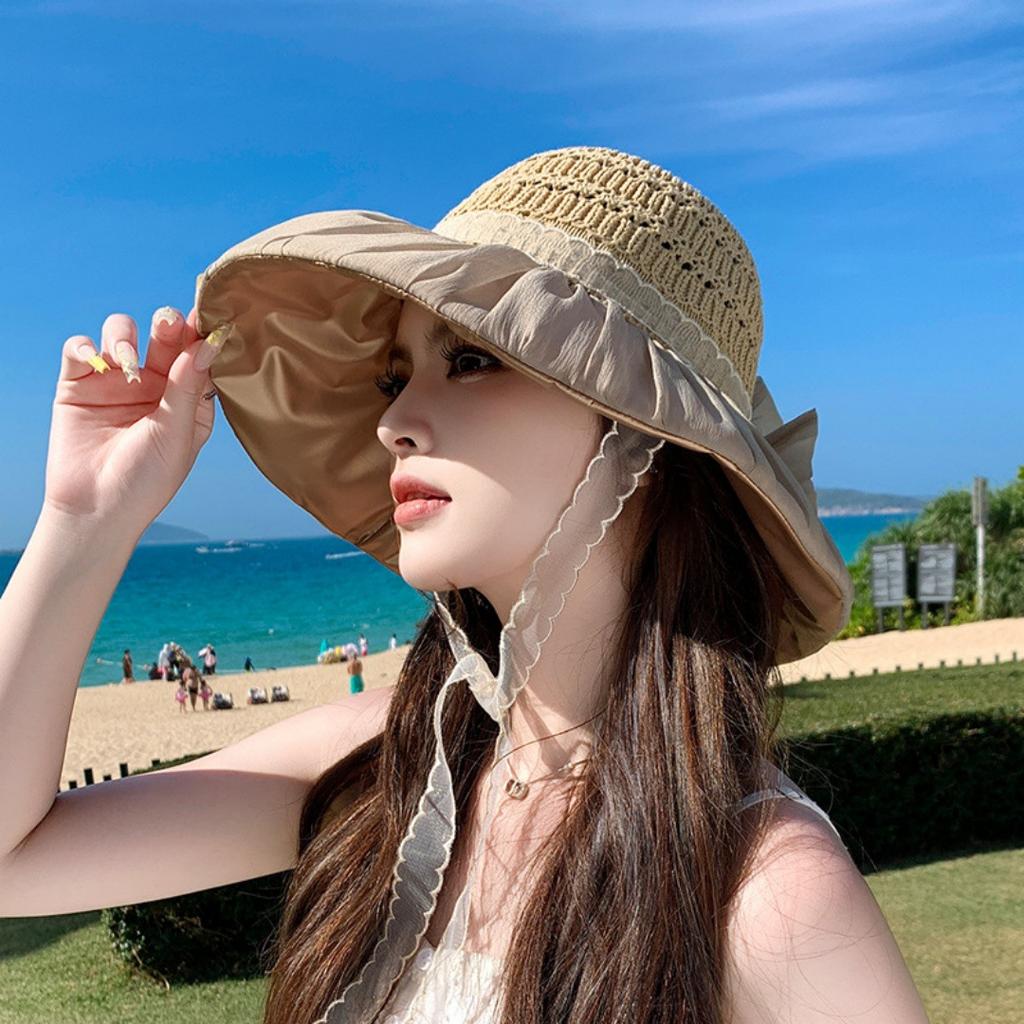 Lace Sun Hat Women's Summer UV Protection Fisherman Sunscreen Hollow Bow Ponytail Beach Eaves Breathable