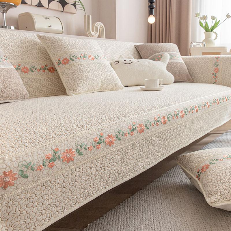 Pure Cotton Lace 3D Embroidered Sofa Cushion Pastoral Non-Slip Sofa Cover for All Seasons Skin-Friendly Soft Furniture Protector