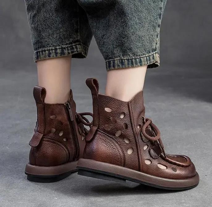 Fashion High Quality 3CM New Design Women Summer Breathable Shoes Hollow Out Cool Boots Literary Style Genuine Leather Flat Ankle Boots