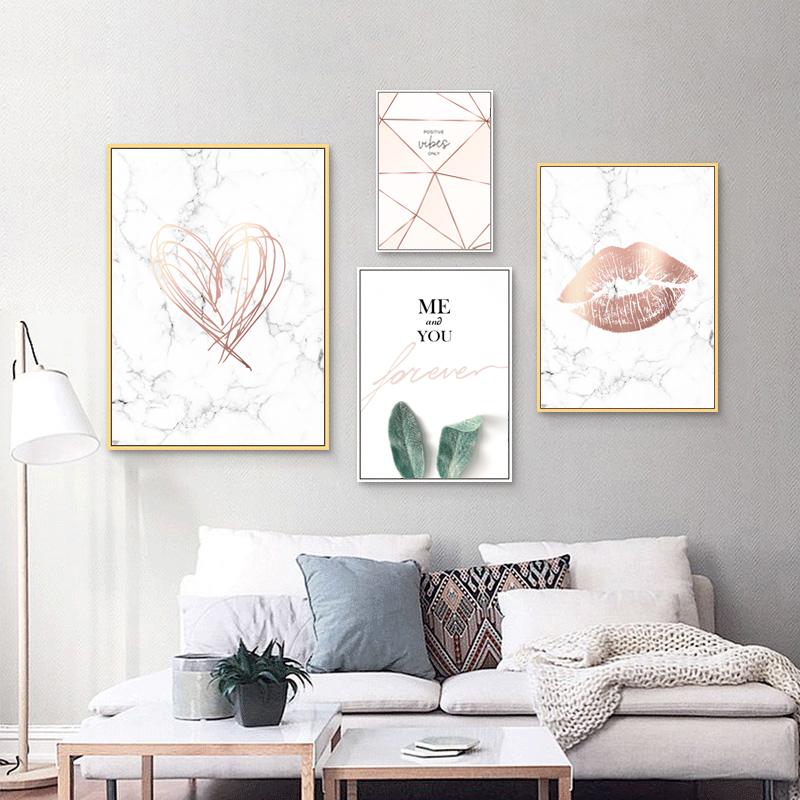 Love Poster Wall Art Pink Gold Lip Green Plant Canvas Painting Geometric Lines Picture For Bedroom Modern Home Cuadros Decor