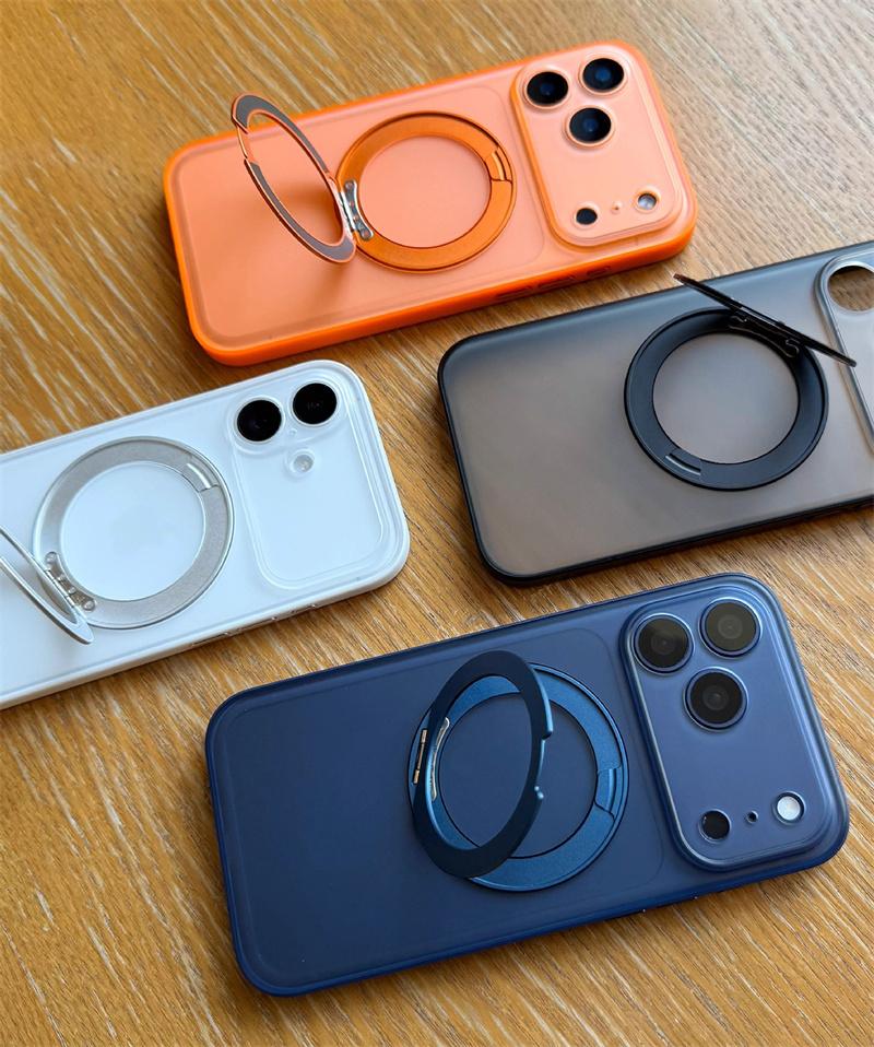 Adjust Rotation Metal Bracket PU Leather Bumper Matte Case for iPhone 17 16 Pro Max Cases 360 Spin Magnetic Stand
