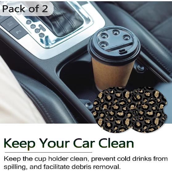 Car Coasters for Cup Holders, 2 Pack Anti Slip Universal Rubber Car Cup Coaster for Women Men, Car Interior Accessories - Black Gold Leopard Print