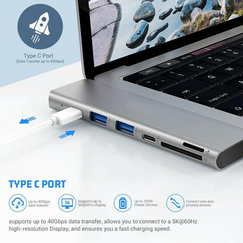 Aluminium Dual Usb-c Hub 7-in-1  Usb 3.1 Adapter Base Sd Card Reader Silver