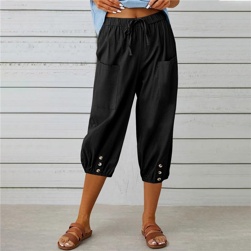 Summer Women's Trousers Casual Three-quarter Loose Drawstring High Waist Button Cotton And Linen Trousers