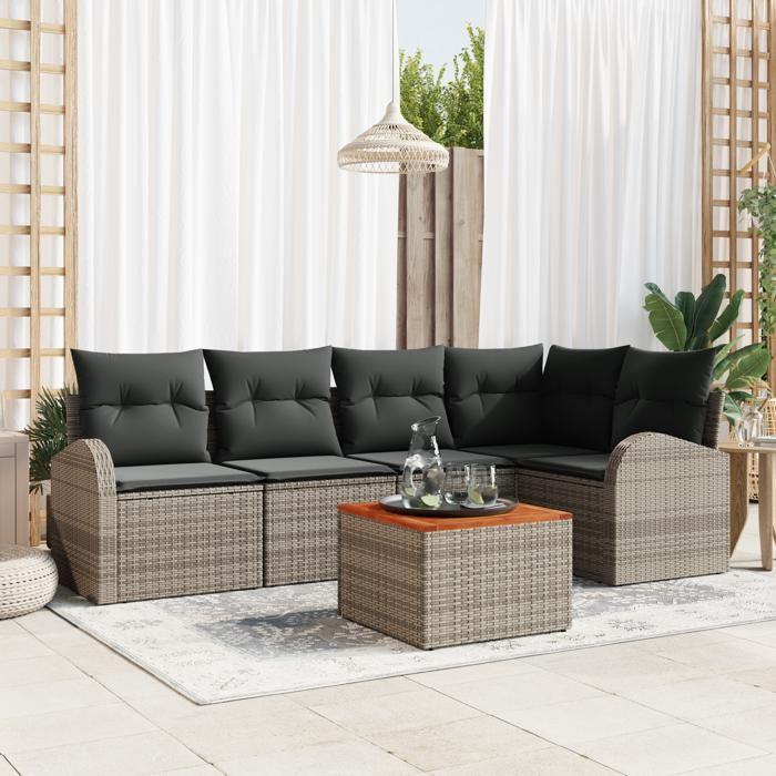 VidaXL Ensemble de canapé de jardin 6 pièces avec coussins gris en rotin synthétique Acacia 3356249