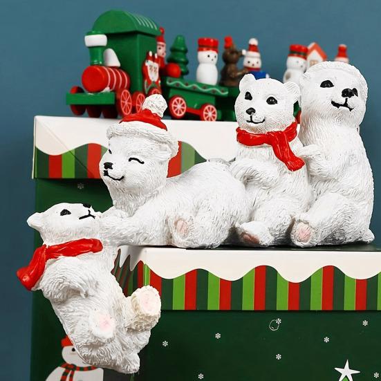 Christmas Polar Bear Family Figurine Santa Hat Red Scarf Four Polar Bear Statue Resin Animal Sculpture Home Office Desktop Decoration Ornament