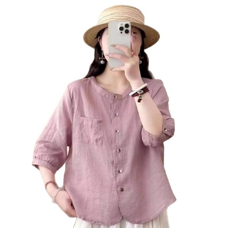 Sommer Baumwolle Leinen einfarbig kurz neue Mode Temperament lässig vielseitig Cardigan dünnes Hemd Hemd Damen
