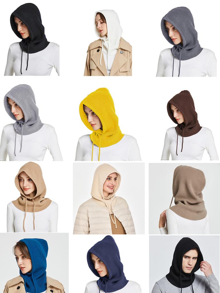 Cagoule tricotée en laine pour femme et homme, écharpe à capuche avec cordon de serrage, bonnet de protection du cou et du visage pour couple