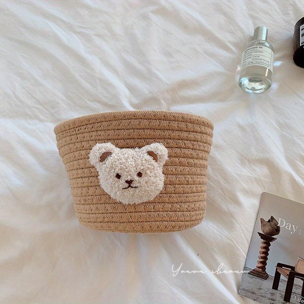 1 PC Cute Woven Rope Storage Basket with Plush Bear Design - Multi Purpose Desktop Storage Box, Modern Style, Rack Basket