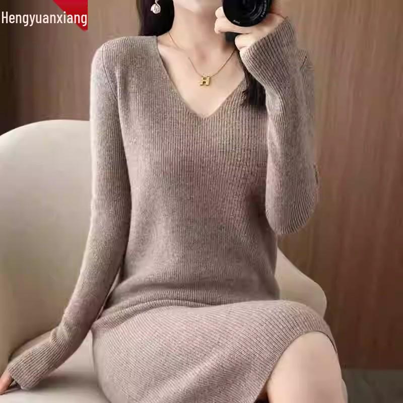 Hengyuanxiang Women's V-Neck Cashmere Sweater Dress - Mid-Length, Long Sleeve, Knitted
