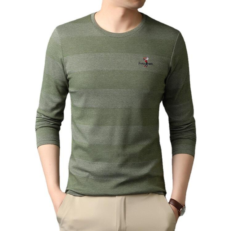 Spring New Embroidered Men's Long-sleeved T-shirt Round Neck Striped Korean Style Fashionable Men's Bottoming Shirt Trendy Tops