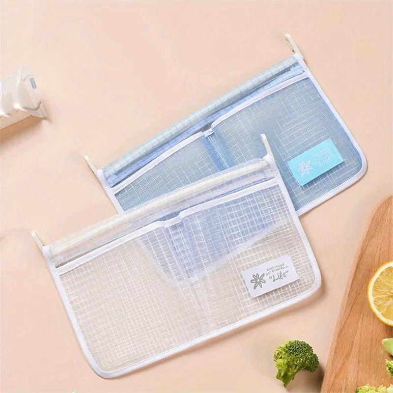 Refrigerator Storage Mesh Bag Double Compartment Hanging Pouch Kitchen Organizer Pockets with Hook Washable Fridge Net Bag