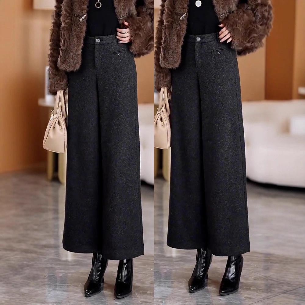 Women's Woolen Wide-Leg High-Waist Pants with Velvet, Autumn/Winter 2025 - Thick, Loose, Straight Leg Design for Small Heights